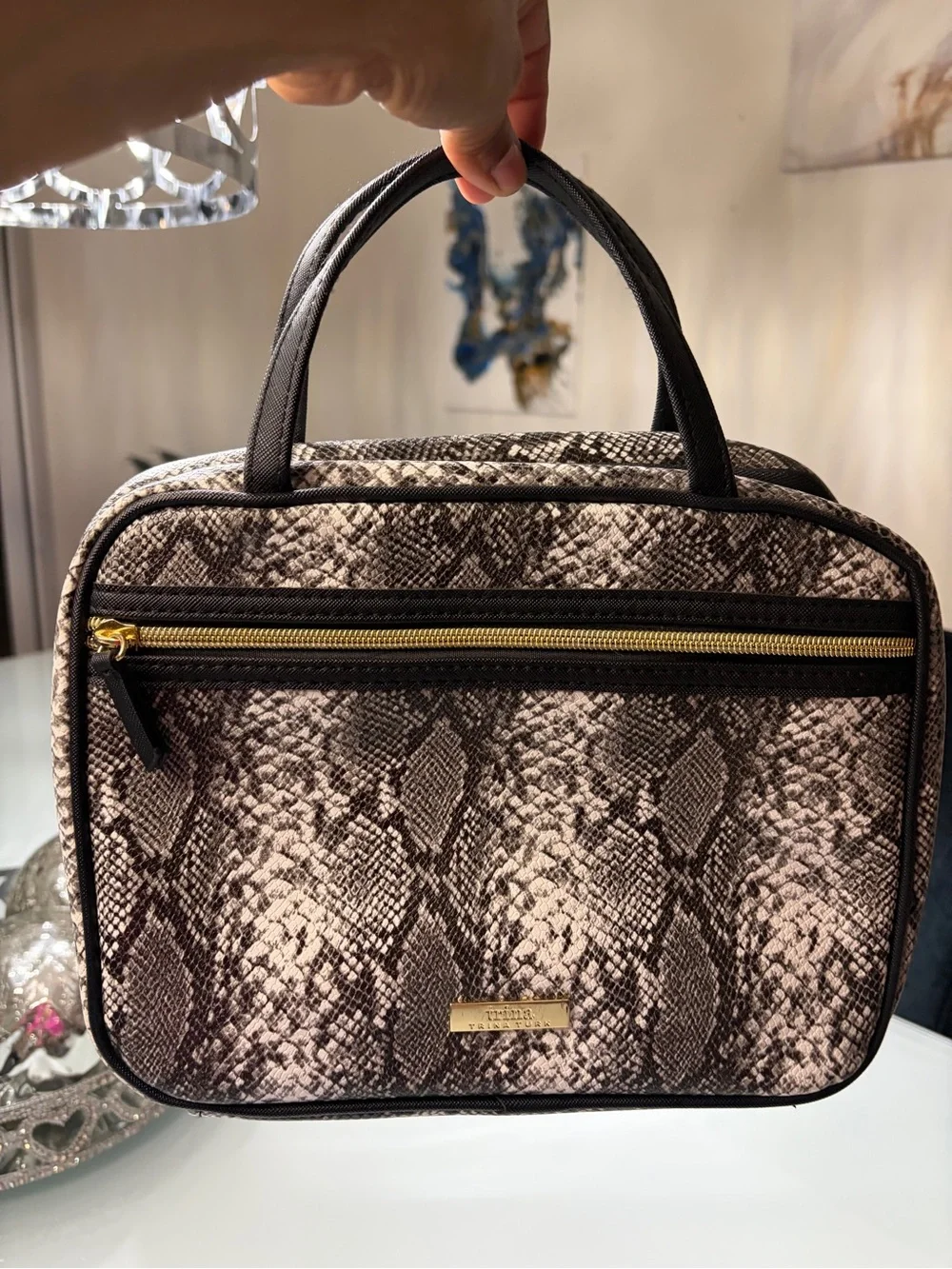Trina Turk Black and Cream Snake-Print Cosmetic Case with Gold Zip
